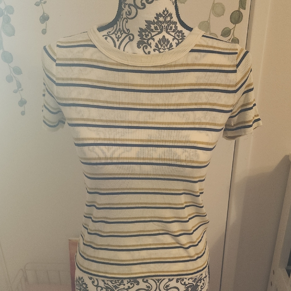 5 Tops  Cream and Black Striped Short Sleeve Tee